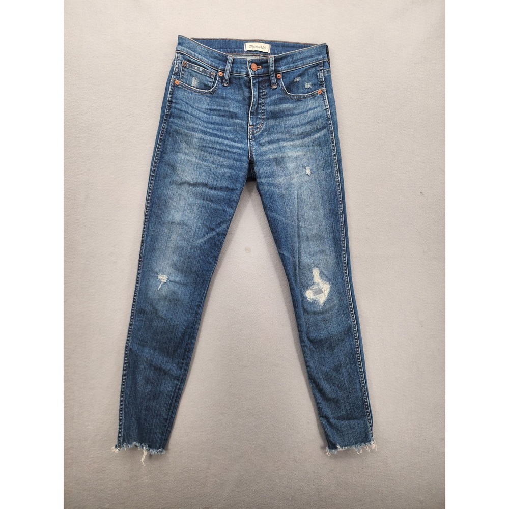 Madewell 9 High Rise Skinny Jeans 26 Distressed Raw Hem Med Wash Stretch Denim